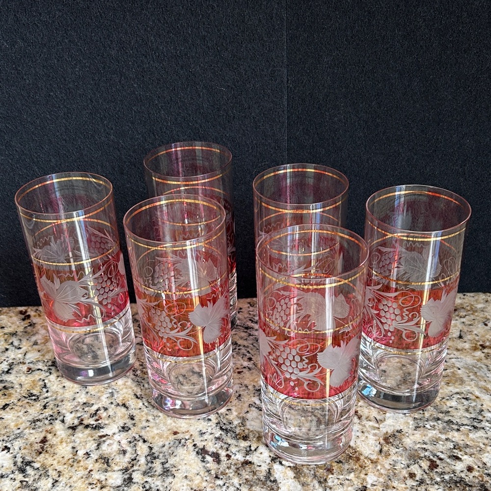 6 Vintage Bohemian Cranberry cut-to-clear Highball Tumblr glasses